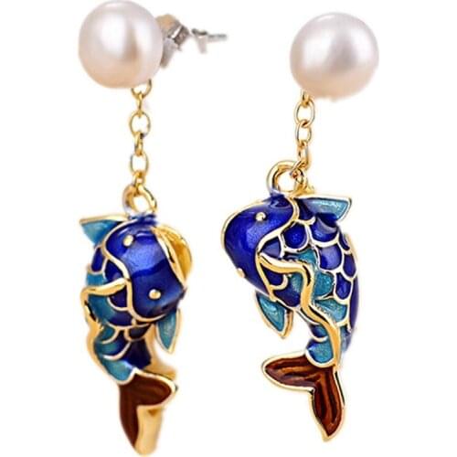 2020 New real s925 pure silver jewelry cloisonne 8-9MM natural pearl earrings for woman fish earrings flat round woman earring