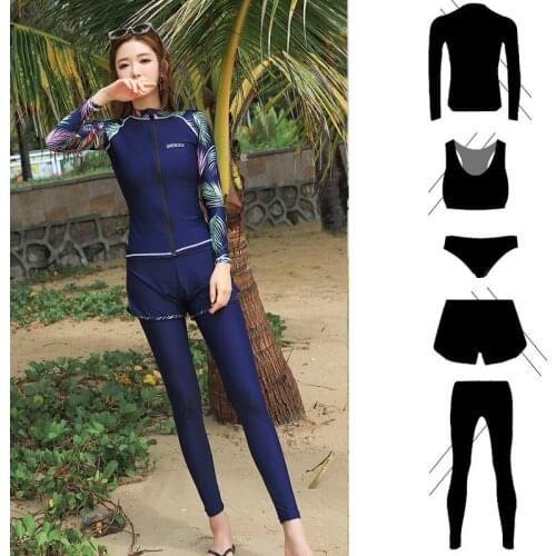 Women 5 Piece Blue Long Sleeve Zip Surf Rashguard Swimsuit Bathing Suits Activewear Fitness Suits Workout Tracksuits Slimming