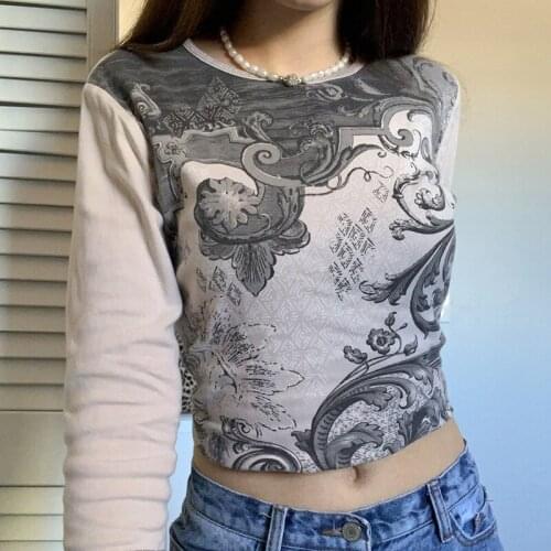90s Vintage Women Fashion Cute Crop Top Harajuku Graphic Print T-shirt Y2K Long Sleeve Slim Fit T-shirts Basic Tee Pullovers