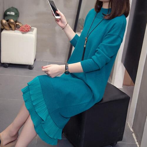 Autumn and Winter Clothing Plus Size Womens Long Sweater Dress Bat Sleeve Knitted Dress Fashion Ruffle Patchwork Knitwear y410