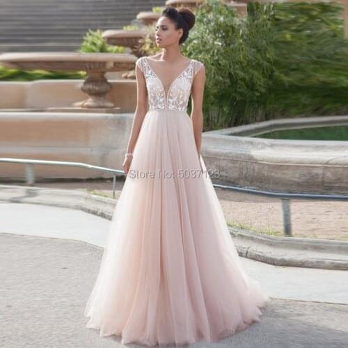 Amazing Lace Appliques Pink Tulle Wedding Dresses A Line Cap Sleeves V-neck Vestido De Noiva Floor Length Bridal Gowns