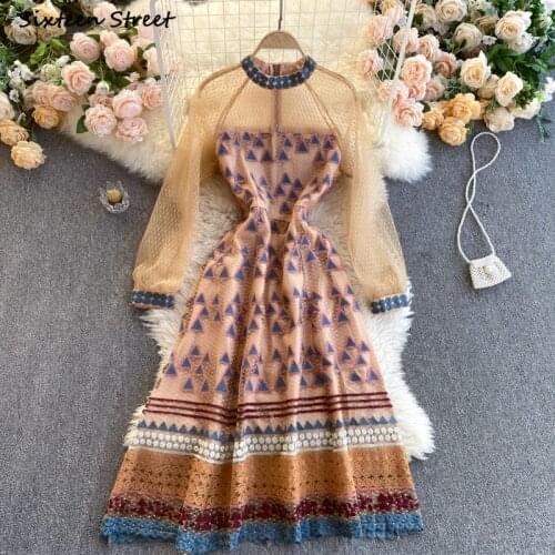 Mesh Embroidery Vintage Dress Woman Long Sleeve Elegant Party Maxi Dresses Woman Vestido Khaki High Waist Evening Vintage Dress