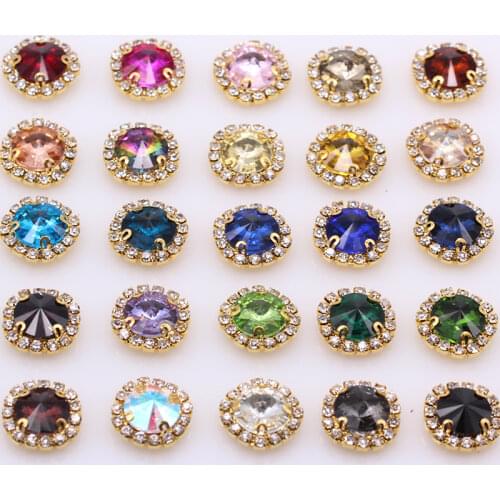 All Sizes Colors Rivoli round crystal sewing on fancy faceted stones with crystal chain gold metal cup crystal diy dress bags