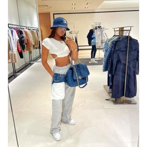 Echoine Autumn New Design Denim Patchwork Pocket Pants Women Sports Casual Loose Joggers Wide Leg Sweatpants High Waist Pants