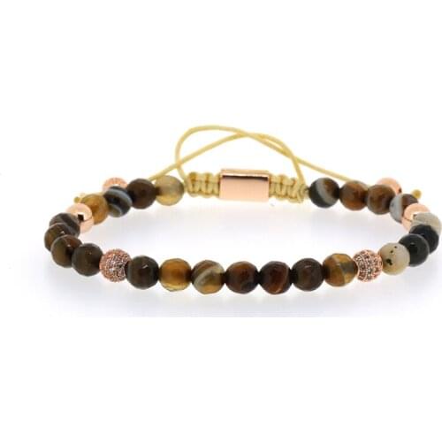 Faceted Brown Grey Lace Onyx Stone Bead Rose Gold Color CZ Ball Copper Charm Knot Adjustable Braiding Macrame Bracelet For Man