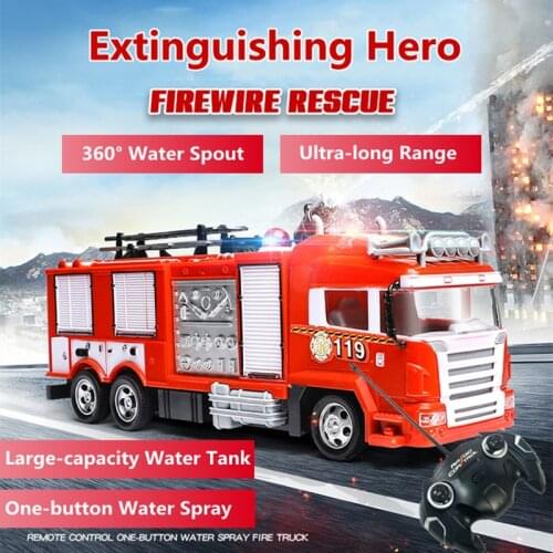 Simulation One-button 360° Water Spray RC Firefighter Truck Siren Light Exqusite Interior Tank Childrens Remote Control Truck