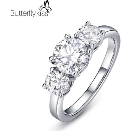 BK Women Moissanite Diamond Rings Simple Real 925 Sterling Silver Three Gemstone Four Claws Engagement Wedding Statement Jewelry