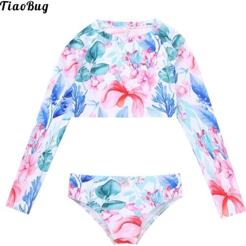 Summer Kids Girls 2Pcs Floral Print Swimming Suit Round Neck Long Sleeves Cropped Top And Briefs Beach Swimwear Bathing Suits