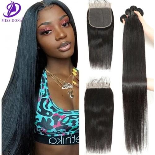 Miss Dona Long Straight Brazilian Virgin Remy Hair Long 38 40 Inch Bundles With Closure Human Hair 4x4 Lace For Black Women