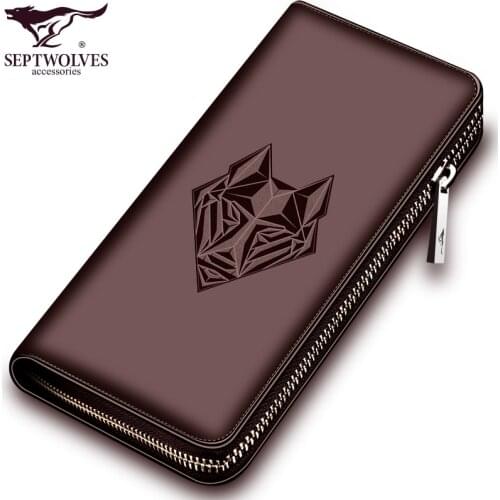Septwolves Fashion Men Wallets Genuine Leather Long Zipper Clutch Purse Phone Wallet