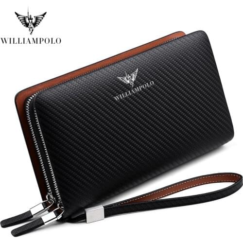 WILLIAMPOLO Fashion New Arrival 100% Cow Leather Business Solid Zipper Long Mens Clutch Wallet Handbag Wallet