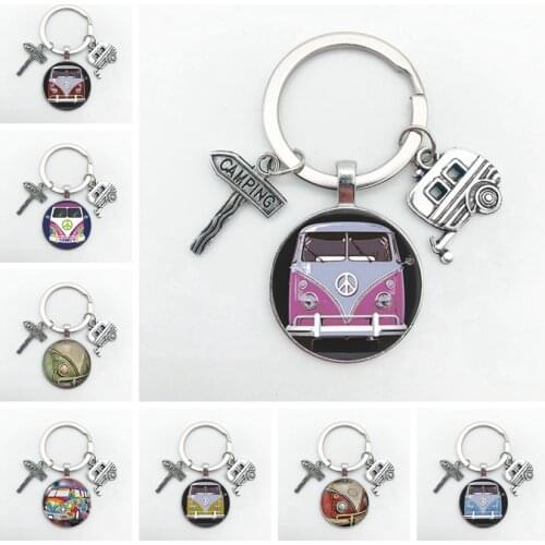 New vintage Hippie Peace Sign Van Bus keychain fashion men women purse bag car pendant key chain ring holder jewelry