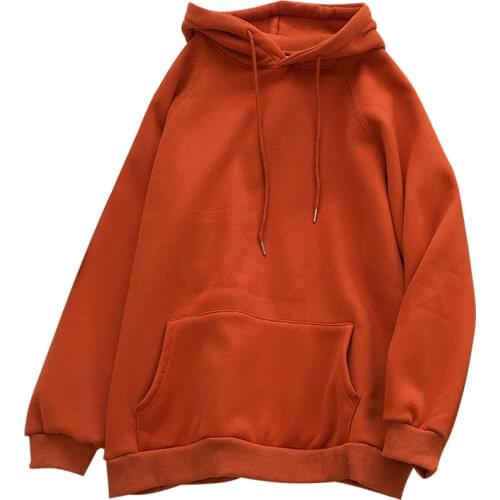 New Winter Coat Preppy Style Hoody Women Sweatshirt Fleece Solid Color Pullovers Drop-shoulder Loose Hooded Orange