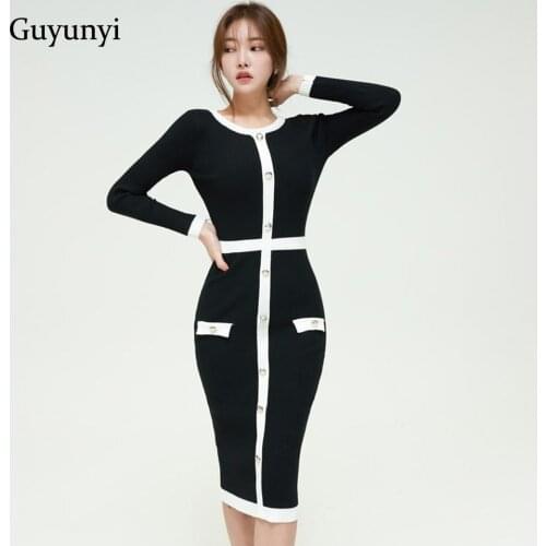 Autumn Winter Warm Pencil Dress Long Sleeve High Waist Tight Stretch Knit Dress 2021 Simple Elegant Office Lady Dress