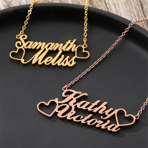3UMeter Custom Name Necklace Stainless Steel 18K Gold Double Heart Necklace Double Nameplate Pendant Women Jewelry Gift