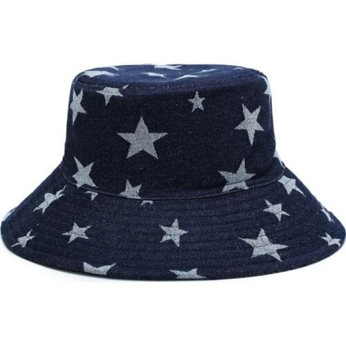 Unisex Cotton Reversible Denim Bucket Hat Summer Casual Travel Beach Cap Star Print Fisherman Cap Packable Sun Hat