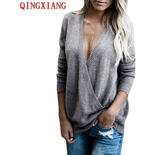 S-3XL 2021 Knitted Deep V Neck Open Bust Sweater Women Long Sleeve Spring Autumn Loose Pullover Plus Size Rabbit Velvet Knitwear