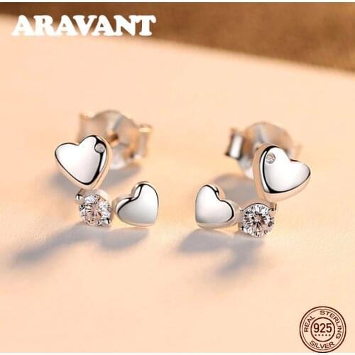 Silver 925 Sterling Jewelry Double Heart Stud Earrings For Women Exquisite Design Girls Earrings Brand Accessories