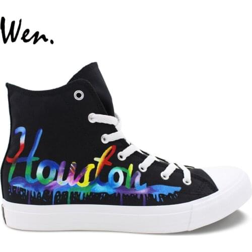 Wen Hand Painted Sneakers Design Custom Houston City Skyline High Top Black Women Athletic Canvas Shoes Men Skateboard Trainers