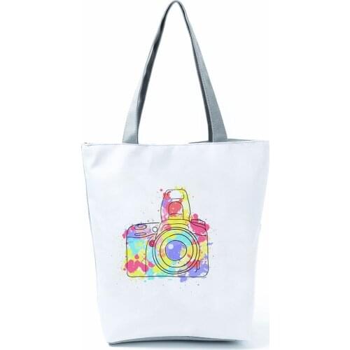 Colorful Camera Pattern Simple Printed Shoulder Bags Ladies Eco Friendly Portable Shopping Bag Fashion Beach Bag All-Match Tote