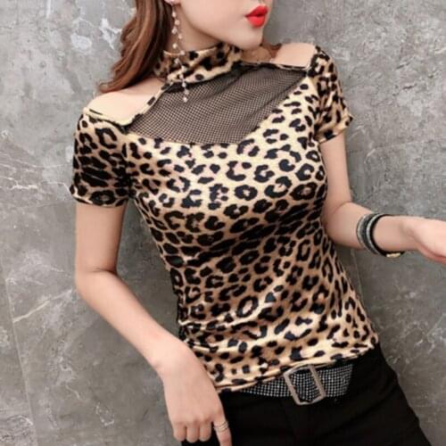 #5924 Black Green Leopard Spliced Mesh Off Shoulder T Shirt For Women Stand Collar Sexy Short Tight Womens Tee Shirts Hollow Out