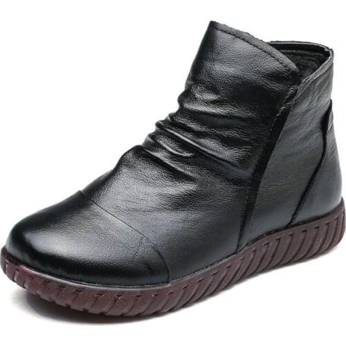 Water Proof Shoes Womens Genuine Leather Ankle Boots Plush Black Autumn Comfortable Shoes Woman Soft Rubber Boots Side Zipper
