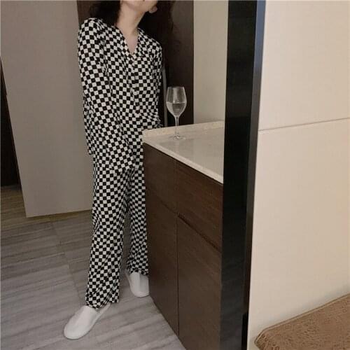 Women pajama set long sleeve thin autumn plaid homewear two piece set black blue pink loose home clothes ladies sleepwear L413