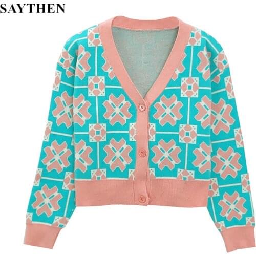SAYTHEN Women Knitted Floral Cardigans Fashion Long Sleeves Argyle Pattern Knit Tops Female Winter Button Knitted Outerwear