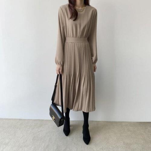 2021 Spring& Autumn Korean New High Waist Slim Simple Pure Color Casual Pleated Dress Temperament Women Long Dress Free Shipping