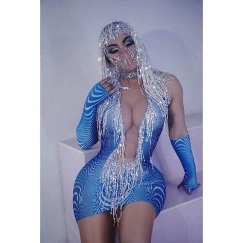 Blue Color 2020 New Style Ladies Sexy Bodycon Mini Dress Headdress Silver Tassels Nightclub Bar Singer Performance Stage Wear