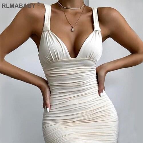 Sexy V Neck Women Midi Dress Skinny Strap Backless Bodycon Dress Summer Beach Dress Ruched Elegant Party Dress Club White Dress