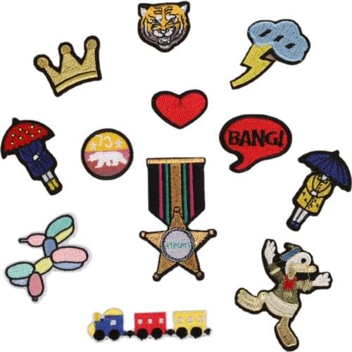 100pcs/lot Embroidery Patches Kids Clothing Girl Crown Tiger Heart Garment Accessories Cute Diy Applique Heat Iron Transfer