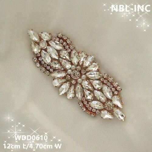 30PCS) Wholesale hand beaded sewing rose gold clear crystal rhinestone applique for dresses DIY iron on WDD0610