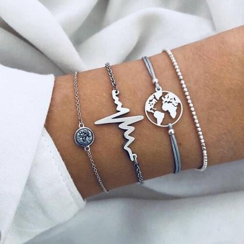 4pcs/Set Fashion Map ECG Shape Bracelet For Women Chain Bracelet Party Simple Jewelry