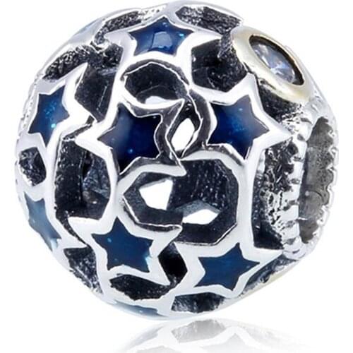 For Women DIY Jewelry Making Fit Lady Bracelet Bangle Blue Enamel Moon Night Crystal Charm Authentic S925 Silver Beads