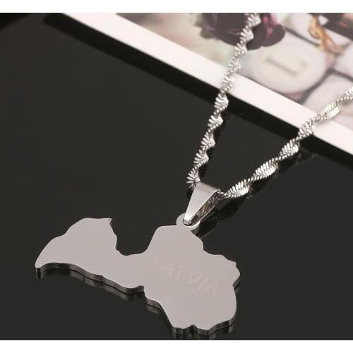 Stainless Steel Latvia Map Pendant Necklace Silver Color Latvijas Republika Map Chain Jewelry