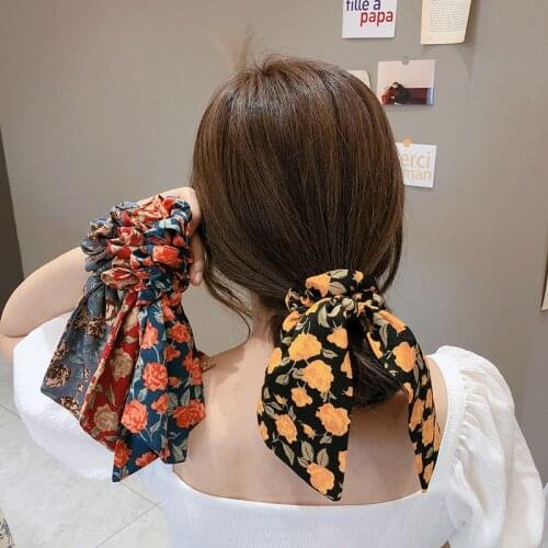 Bohemian Flower Bow Elastic Hair Bands For Women Girl Hair Accessories Fashion Printing Long Ribbons Ponytail Holder Scrunchie