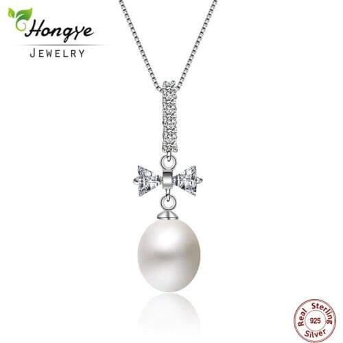 Hongye 2020 New Fashion Natural Freshwater Pearl with 925 Sterling Silver Pendant Necklace Jewelry Bowknot Design for Women