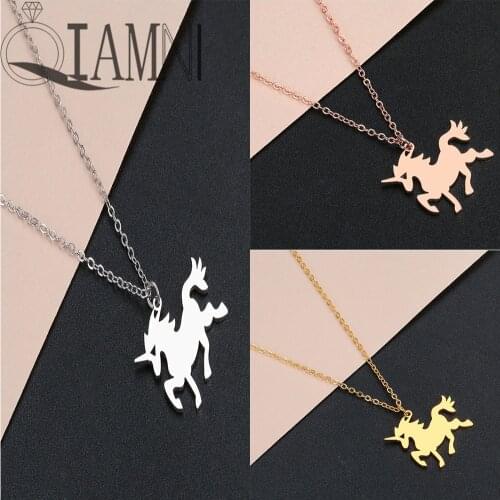 QIAMNI Unicorn Pendant Necklaces Stainless Steel Cartoon Animal Running Horse Choker Chain Necklace Fairy Tale Statement Jewelry