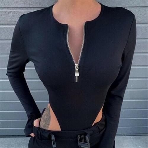 Women Bodysuit Sexy Zipper Long Sleeve Romper Deep V Neck Bodycon Body Suit One Piece Fitness Overalls Women Bodysuit Jumpsuit