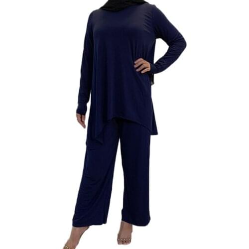 4 Colors Muslim Women Set 2pcs Arab Dubai Casual Loose Suit Solid Color Pullover Long Sleeve Tops Pants Malaysia Summer Fashion
