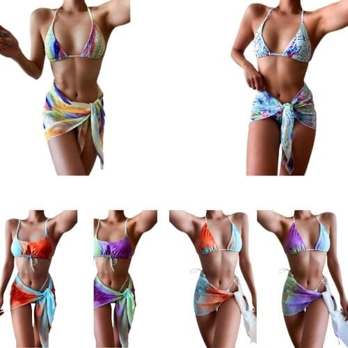 Tie Dyed Three Pieces Swimsuits for Women Micro Bikini Sets Sexy Thong Swimwear Female Brazilian Bathing Suits Sarong Cover-ups