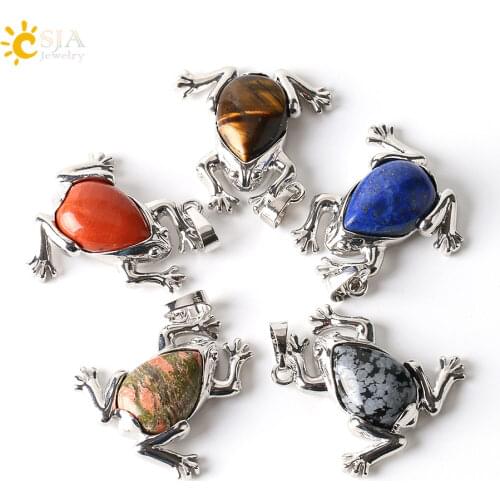 CSJA Natural Stone Pendant Necklace Statements Lucky Frog Dangle Animal Choker Charm Trendy Men Reiki Jewellery Finding E240