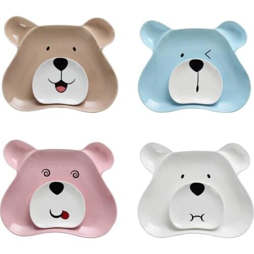 Plates Set Dinner Dish Ceramic Tray Sauce Dish Bear Shape Flat Plate Cartoon Porcelain Sushi Plates Creative Salad Tray 2pcs/set