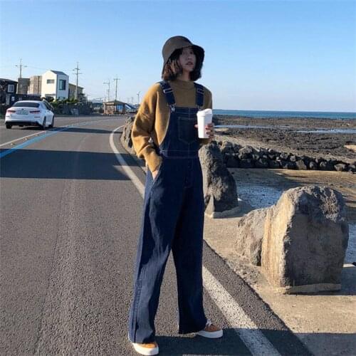 Autumn Korean Style Loose Denim Jumpsuits Casual All-match Female Wide leg Pant Jumpsuits Overalls Women Sleeveless Solid Romper
