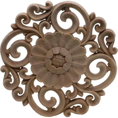 RUNBAZEF Round Vintage Flora Wood Carved Applique Wooden Carving Decal Furniture Cabinet Door Frame Home Decoration Decor Crafts