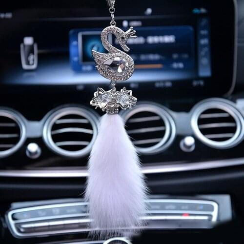 Bling Crystal Ornament Car Pendant Car Pendant Rhinestone Swan Plush Ball Rear View Mirror Hanging Decor Accessorie