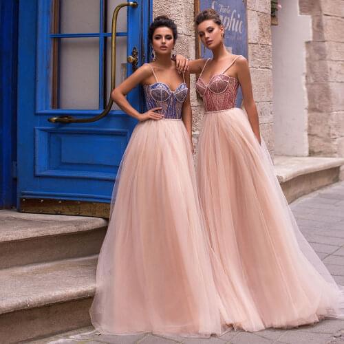 Spaghetti Strap Sparkle Sexy A-line Evening Dresses Tulle Sweetheart Sweep/Brush Floor Length Open Back Formal Gowns
