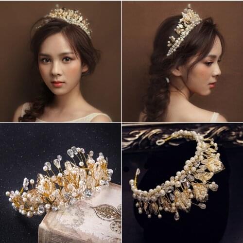 Baroque Style Retro Beaded Crown Tiara Bridal Gold Leaves Hair Jewelry Handmade Imitation Pearls Crown