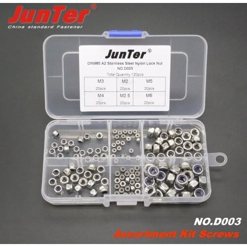High-quality 120pcs M2 M2.5 M3 M4 M5 M6 DIN985 A2 Stainless Steel Nylon Lock Nut Metric Assortment Kit NO.D003